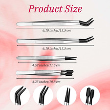 4 Pcs Stainless Steel Tweezer Set, Straight Flat Tip Soft Tweezers with Rubbe...