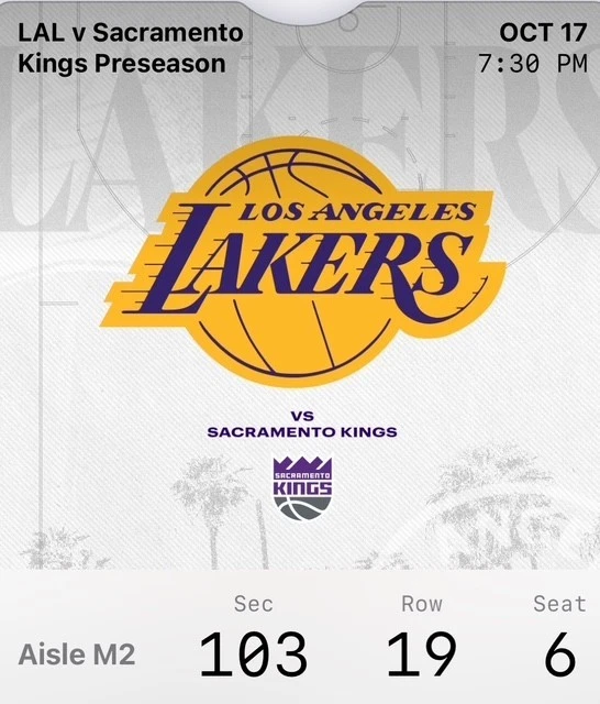 LA Lakers v Sacramento Kings 2 boletos de pretemporada seg 103 fila 19 asientos 5 6 octubre 17 Foto 2 de 2