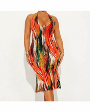 Women’s XL Orange Multicolor Abstract V-Neck Strappy Bodycon Midi Dress