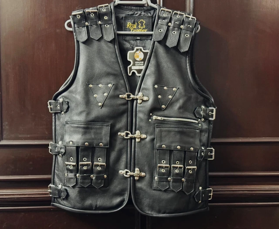 Mens Genuine Leather Biker Vest Gothic Steampunk Style with Metal Buckle & Studs - Image 2 of 4