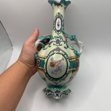 Antique Hand-Painted Porcelain Bud Vase with Cherub Cartouche & Blue Floral Decoration