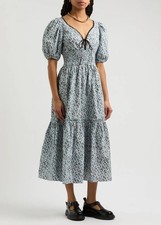 Ganni blue floral print organic cotton poplin midi dress ruched BNWT 34DK/6UK