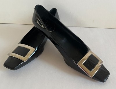 ROGER VIVIER Ballerina Flats Black Patent Belle Silvertone Buckle Sz 39/9 US VGC