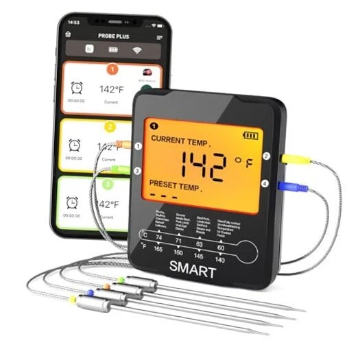 Bluetooth Meat Thermometer,Wireless Digital Grill Thermometer with 4 Black