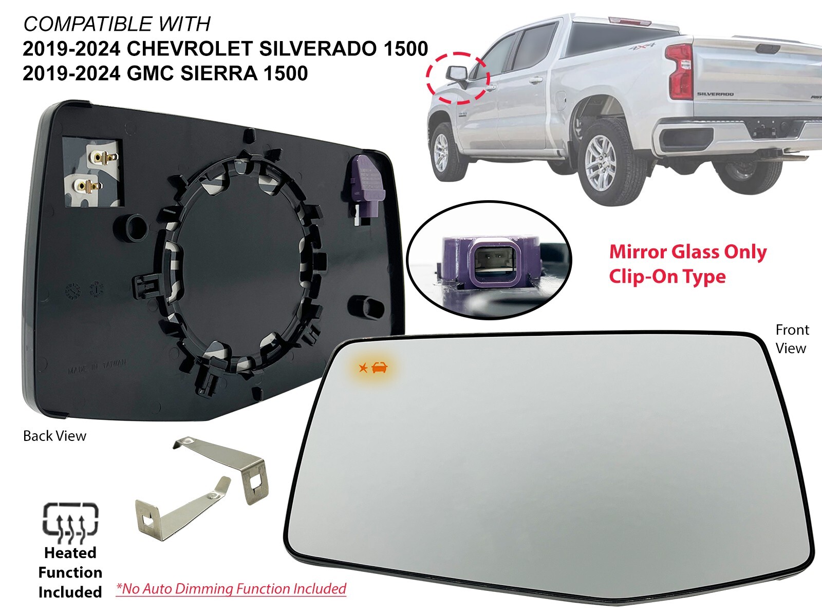 2019-2024 Silverado Sierra 1500 Heated Blind Spot Driver Side Mirror Glass-image