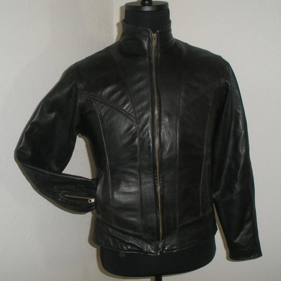 Chaqueta de motociclista negra con cremallera flexible para mujer 10 WALTER DYER IS LEATHER HECHA EN EE. UU. Foto 2 de 4