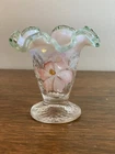 Fenton Hand Painted Green Ruffle Vase Vintage Signed Cottagecore Grandmacore