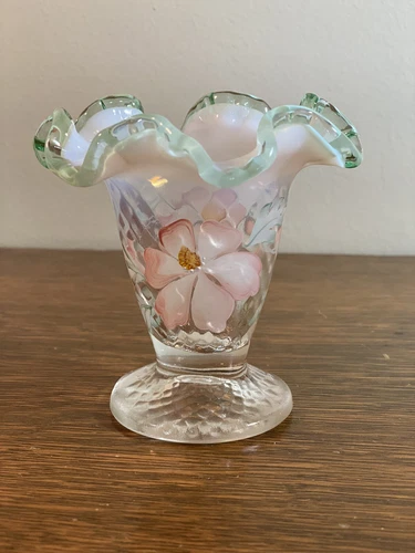 Fenton Hand Painted Green Ruffle Vase Vintage Signed Cottagecore Grandmacore