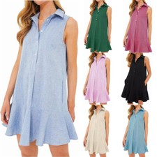 Women's Summer Sleeveless Shirt Dress Swing Tank Dress Button Shift Mini Dresses