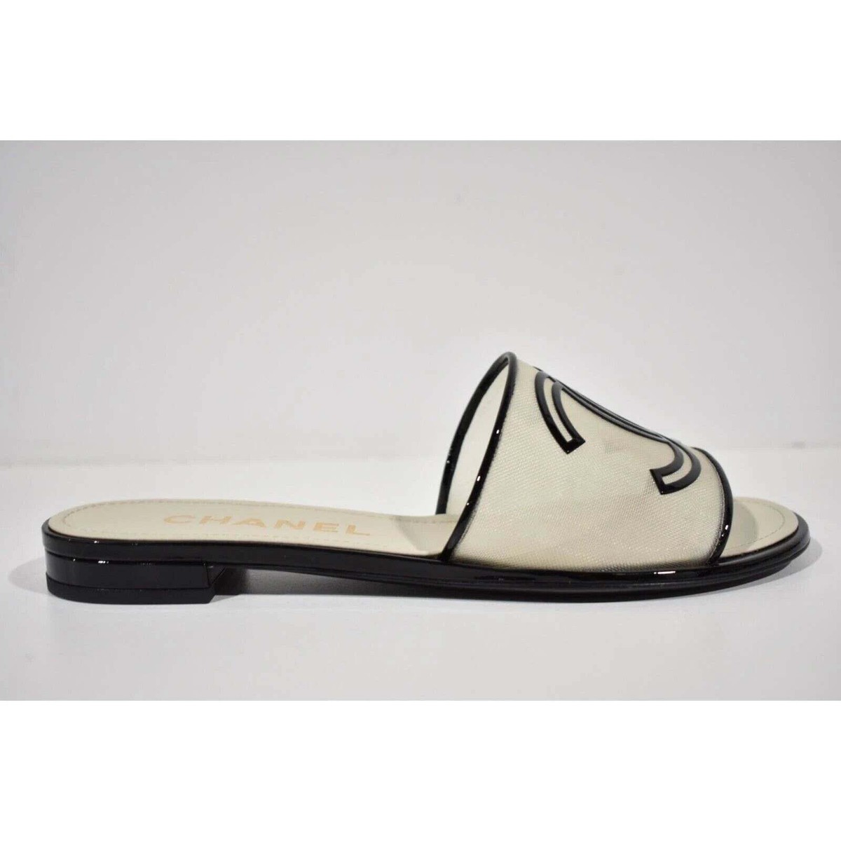 Chanel 21S Black Beige Mesh Patent CC Logo Slide Sandal Mule Slip