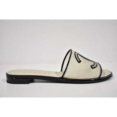 Chanel 21S Black Beige Mesh Patent CC Logo Slide Sandal Mule Slip