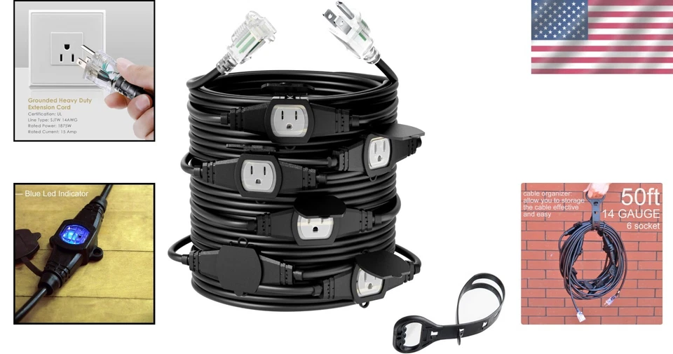 7-Outlet 50FT 14 Gauge Outdoor Power Cord – Ideal for Holiday Lighting & Events - Image 2 of 4