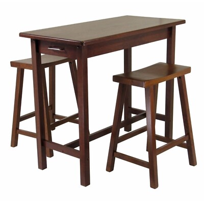 Walnut Wooden Breakfast Dining Set Bistro Table Saddle Stools Pub Bar Kitchen