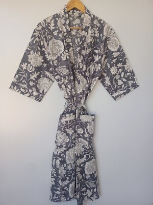 Indian Cotton Robe Long Kimono Sleepwear Gray Floral Printed Night Kimono Robe
