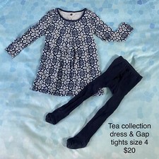 Girls TEA collection dress size 4 Navy Blue Floral Fall Winter & Gap Tights