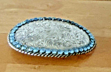 Vintage R.O.C. Belt Buckle Silver Tone Oval Blue Rhinestones  Metal Braiding