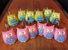 CUTE OWL SHOWER OR WINDOW CURTAIN HOOKS, 1 DOZEN, PINK/LIME