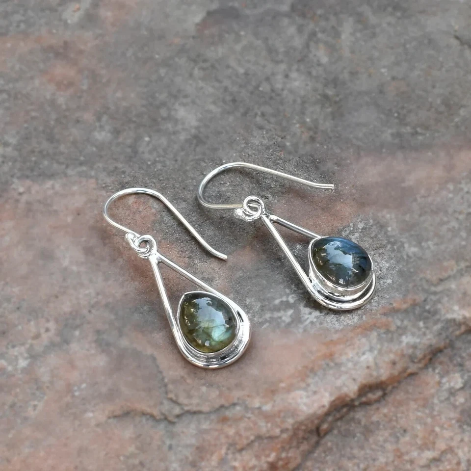 Natural Labradorite Gemstone 925 Sterling Silver Earrings Jewelry For Women - Image 4 of 4