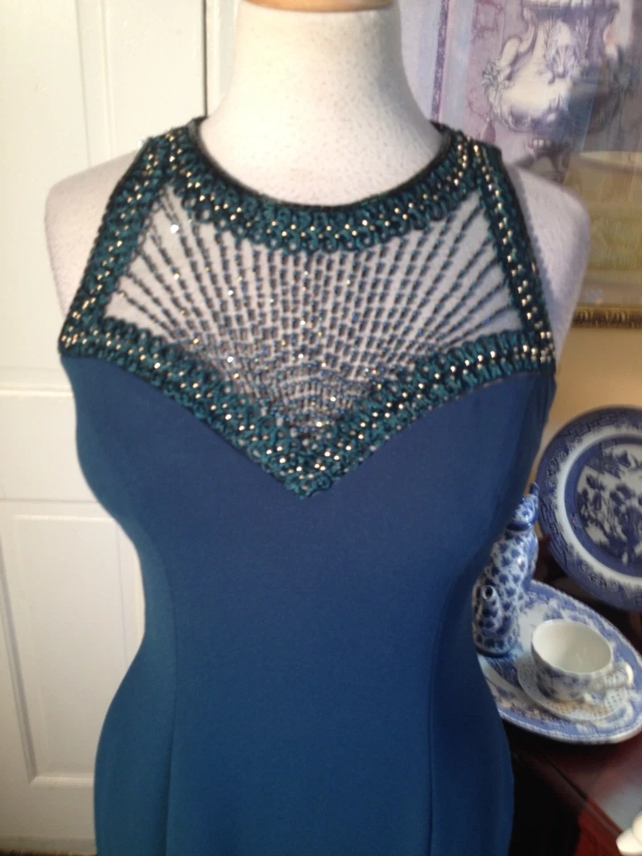 ALYCE DESIGNS BLUE EVENING DRESS-SIZE6-SHEER TOP WITH GOLD BEADS-BUILT IN BRA!!! - Image 4 of 4
