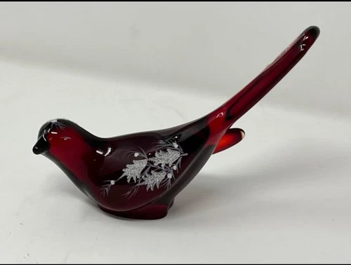 Fenton Ruby Red Glass Hand Painted Happiness Red Bird Glitter Holly Signed