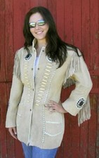 Women Western Leather Cowgirl Suede Jacket Fringe Beads Bone Style