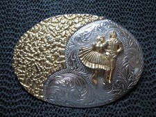WESTERN SQUARE DANCING COUPLE BELT BUCKLE VINTAGE RARE GOLD TONED 1980s USA