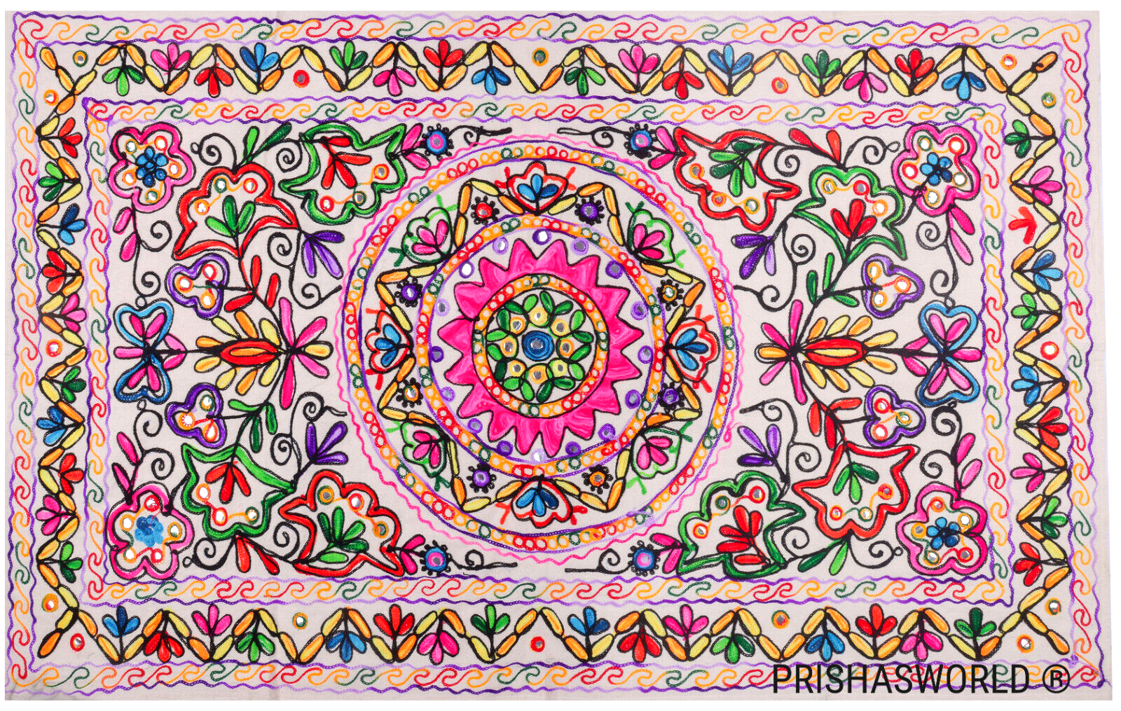 Indian Wall Hanging Suzani Embroidered Handmade Boho Cotton Home Décor Tapestry