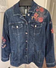 Chico s Embroidered Denim Jacket Floral Boho Artsy Festival Mid-length sz 2/L