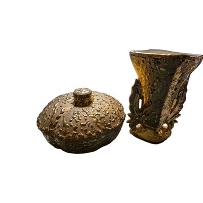 Vintage Mid Century 22K Weeping Gold Console Set - Vase & Lidded Pumpkin Candy 