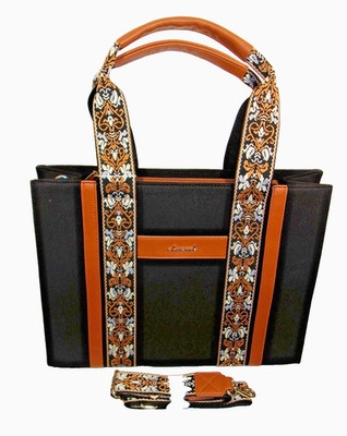LOVEVOOK Black w/Aztec Trim Vegan Leather & Canvas Multi-Purpose Tote - NEW
