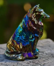 VINTAGE Mosser Glass Sitting Collie Dog Figurine Iridescent Made in USA 1980's