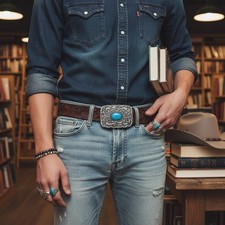 Men Women Antique Silver Metal Ethnic Belt Buckle Turquoise Blue Bead Filigree