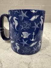 NAUTICAL OCEAN BLUE WHITE 10 Strawberry Street BELLA Mug Cobalt Fish Sea Shells