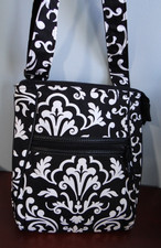 Thirty One Black White Floral Tote Zip Closure Zipper Accents Inner Pockets