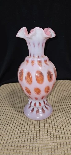 1940’s Fenton~ Cranberry Coin Dot Milk Glass Floral Vase