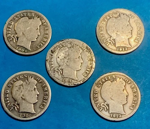Lot Of 5 Nice Barber Liberty Dimes 1904/ 1906 /1913 /1913/ 1916 Silver Dimes