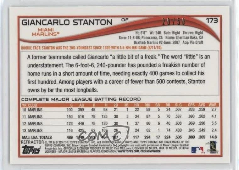 2014 Topps Chrome Gold Refractor /50 Giancarlo Stanton #173 - Image 2 of 2
