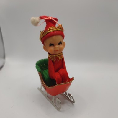 Vintage Red Pixie Elf Knee Hugger Ornament Japan with Hallmark Sleigh 