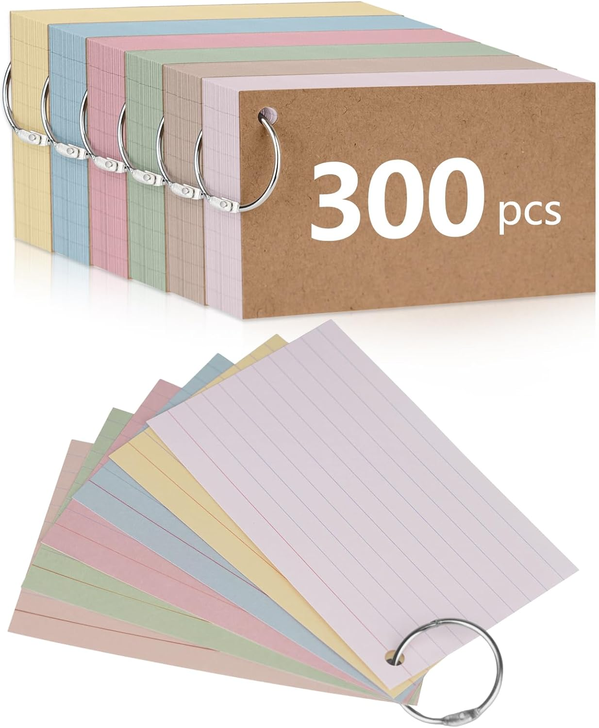 300 A7 Flash Cards Vintage Colors with Binder Rings Kraft Cover Study Notes Pack