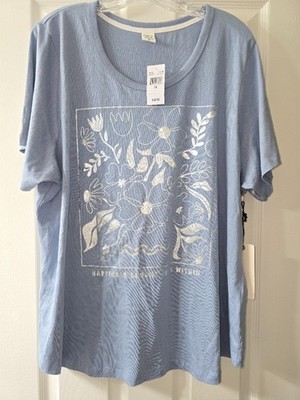 Bare Your Soul Women's  T Shirt Size 3XL Blue Casual Crew w/Floral Print NWT