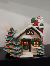 Vintage Santa Xmas Cottage Cabin House Lights Up Hand Painted Electric Ceramic