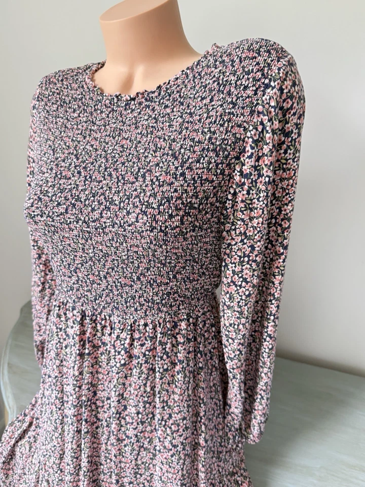 Vestido midi azul marino antiguo para mujer corte M acampanado manga larga calado floral pradera cabaña Foto 2 de 4