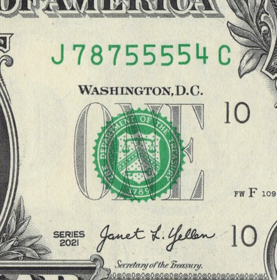 #ad 4 in a Row 5s Center Position Fancy Serial Number $1 Dollar Bill J78755554C $3.99