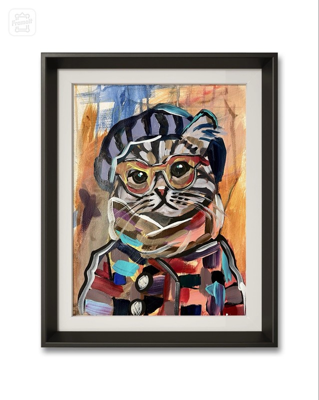 Unframed Sophisticated Cat on Paper 14x11 Signed Contemporary