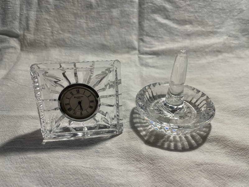 Vintage 90s Waterford Crystal Combo- 3” Round Ring Holder + 3” Square Desk Clock