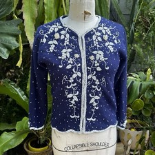 Vtg 1960s Beaded Floral Cardigan Sweater Wool/Angora Small Medium