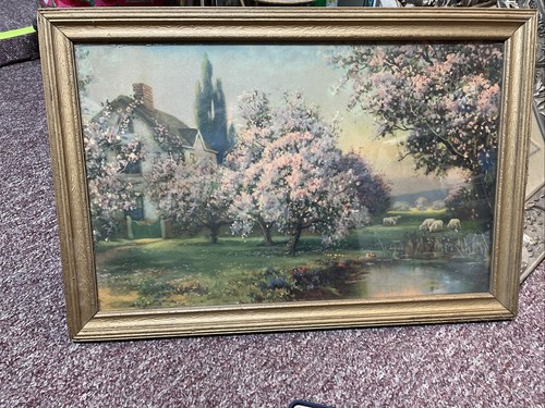 Vintage hand painted country house and land on a wooden painted framed