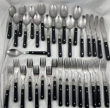 Estia Korea Assorted Lot Of 35 Stainless Steel Flatware Black Plastic Handles
