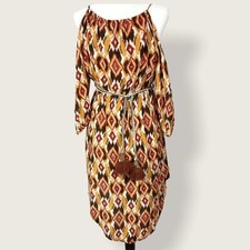 Umgee Bohemian Cold Shoulder Midi Dress Women's Size Medium Pom Pom Tie Festival