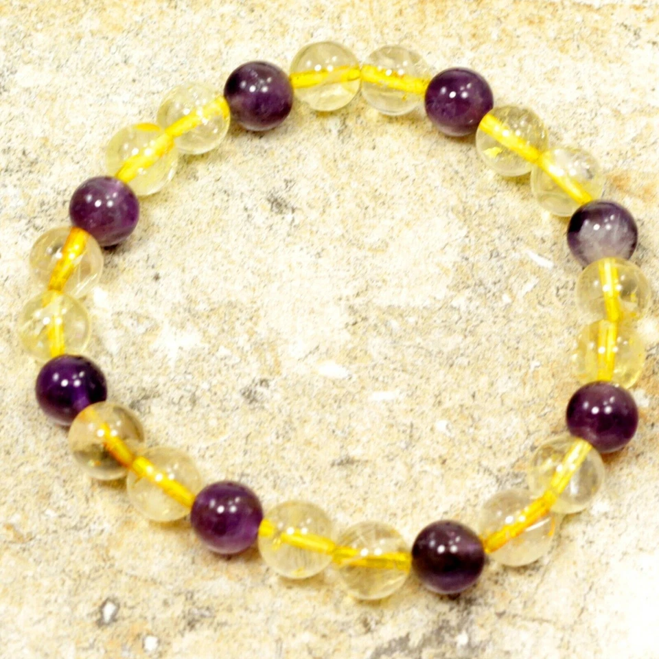 Pulsera de ametrino cuentas redondas piedras preciosas curativas púrpura y amarillo elástico Foto 4 de 4